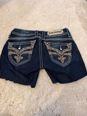 Rock Revival Stephany Dark Blue Embroidered Denim distressed Shorts size 26 new